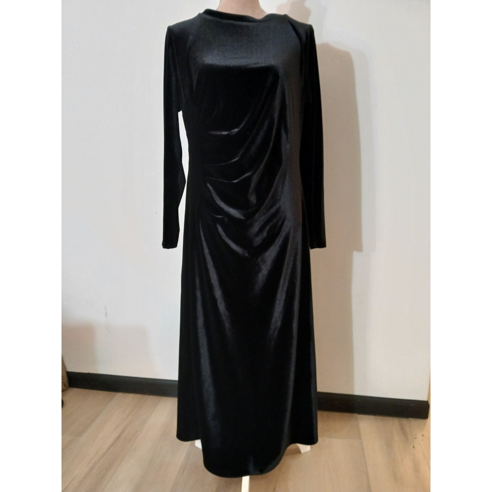 Soft Surroundings Large Black Velvet Ruched Maxi Dress Long Sleeve  Modest